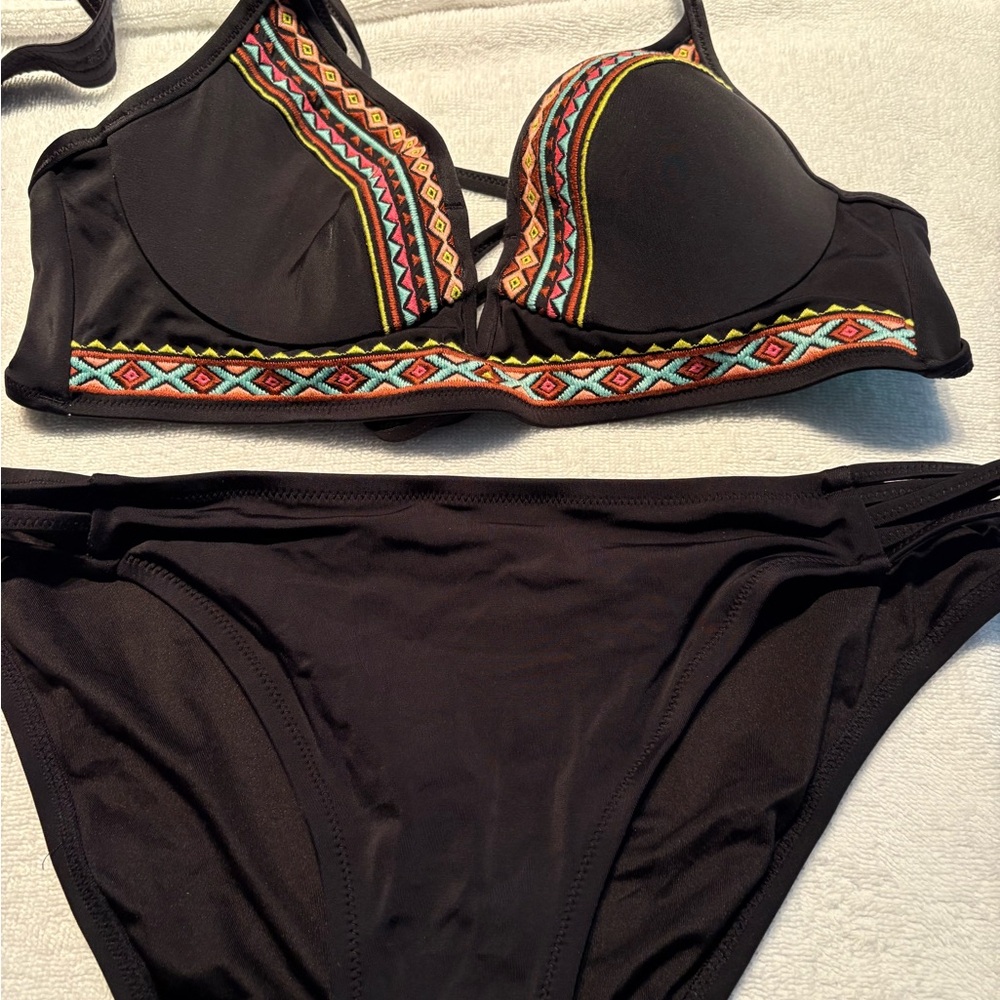 Shade & Shore Black Bikini with Colorful Embroidery
